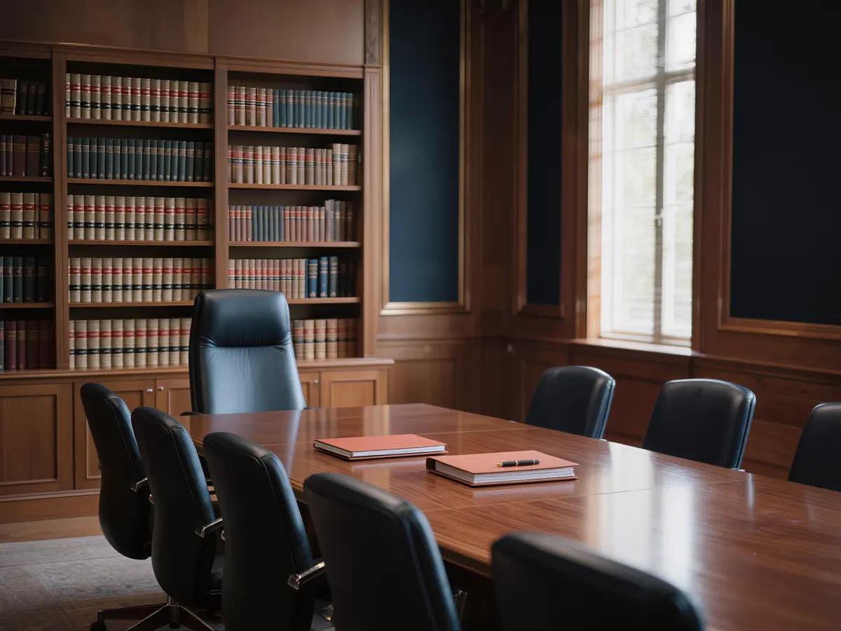Leerer Besprechungsraum einer Kanzlei mit Bücherwand und Konferenztisch
