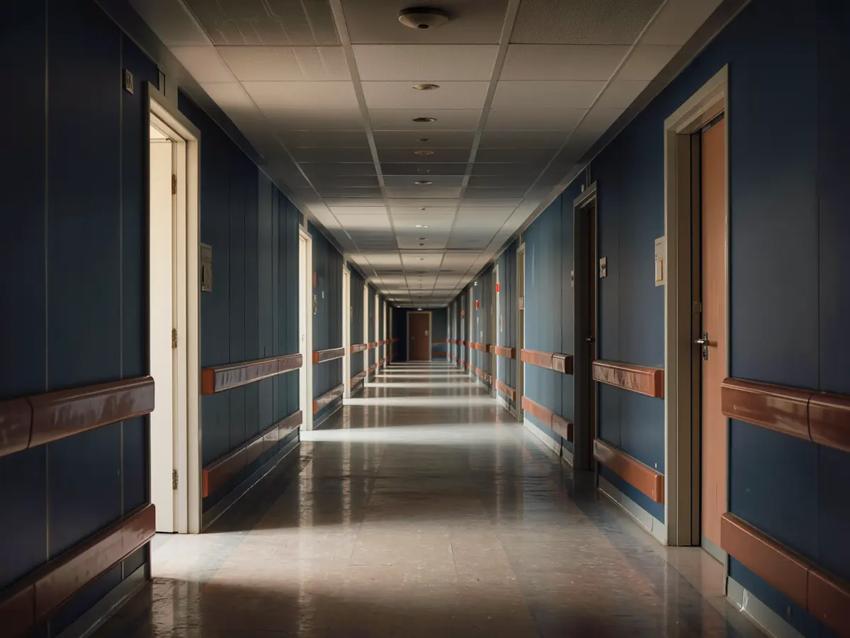 Leerer Klinikflur mit Handlauf an der Wand